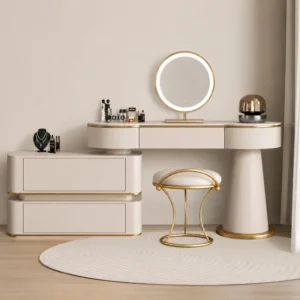 Large Vanity Desk with Mirror & Stool​,Modern Cream White Dressing Table for Bedroom