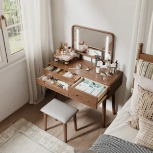 Solid Wood Makeup Vanity, Detachable Mirror, Adjustable Lighting, Equipped with Three Drawers